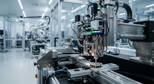 Close up of high-precision industrial machinery in a clean, high-tech manufacturing plant. The lighting is cold and clinical, emphasizing the perfection and quality of the surfaces. The shot is framed artistically with shallow depth of field. Professional and modern industrial aesthetic.
